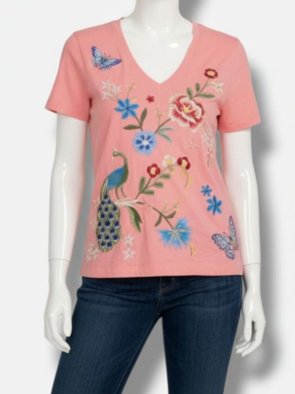 Johnny Was Women's Pink Nicolette V-Neck Short Sleeve T Shiirt Top Size S